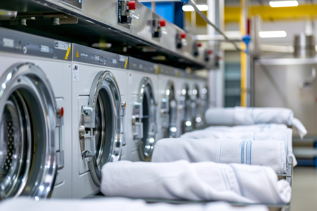 Row of washing machines and dryers in a laundry room